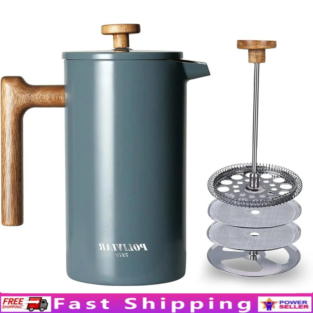 

French Press Coffee Maker Double Wall Insulation Food Grade Stainless Steel with Real Wood Handle Dual Filter Screen Hot Coffee