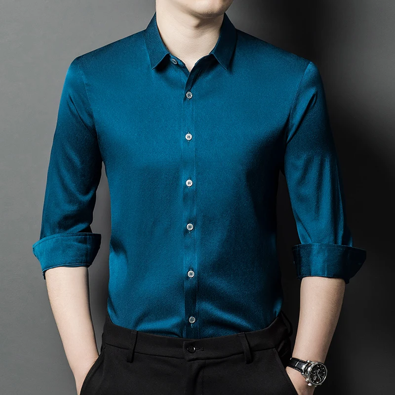 Skin-Friendly Premium Silk Shirts For Men Long Sleeve Solid Color Autumn Quality Lightweight Fashion Gentleman Camisas De Hombre