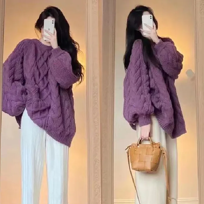 Sweater Round Neck Fried Dough Twists Knit Purple Sweater Blouse