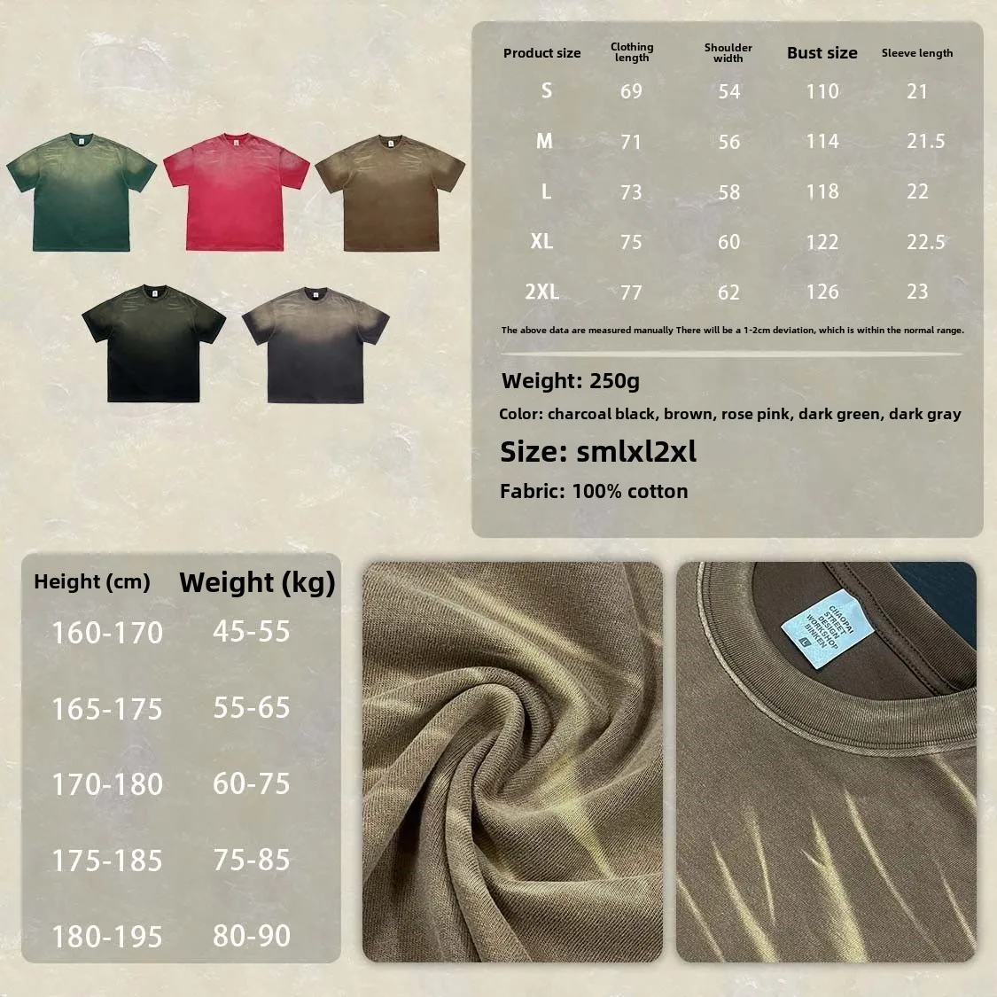 الأمريكية 250 جرام القطن الخالص رذاذ الحصان ليو تي شيرت ريترو غسلها والقديم التغيير التدريجي الكتف قمصان قصيرة الأكمام فضفاضة T 2025 #6