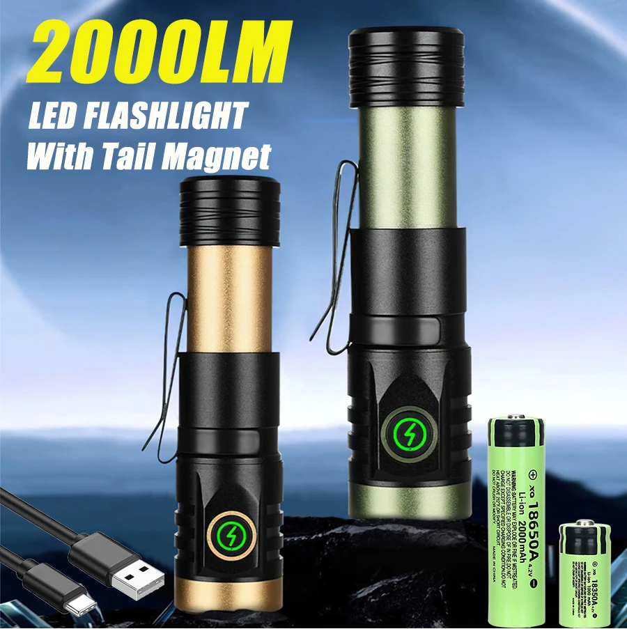 

4*XPG LED Flashlight USB Rechargeable 2000LM Portable Torch with 18650/18350 Battery Tail Magnet Outdoor Camping Fishing Lantern