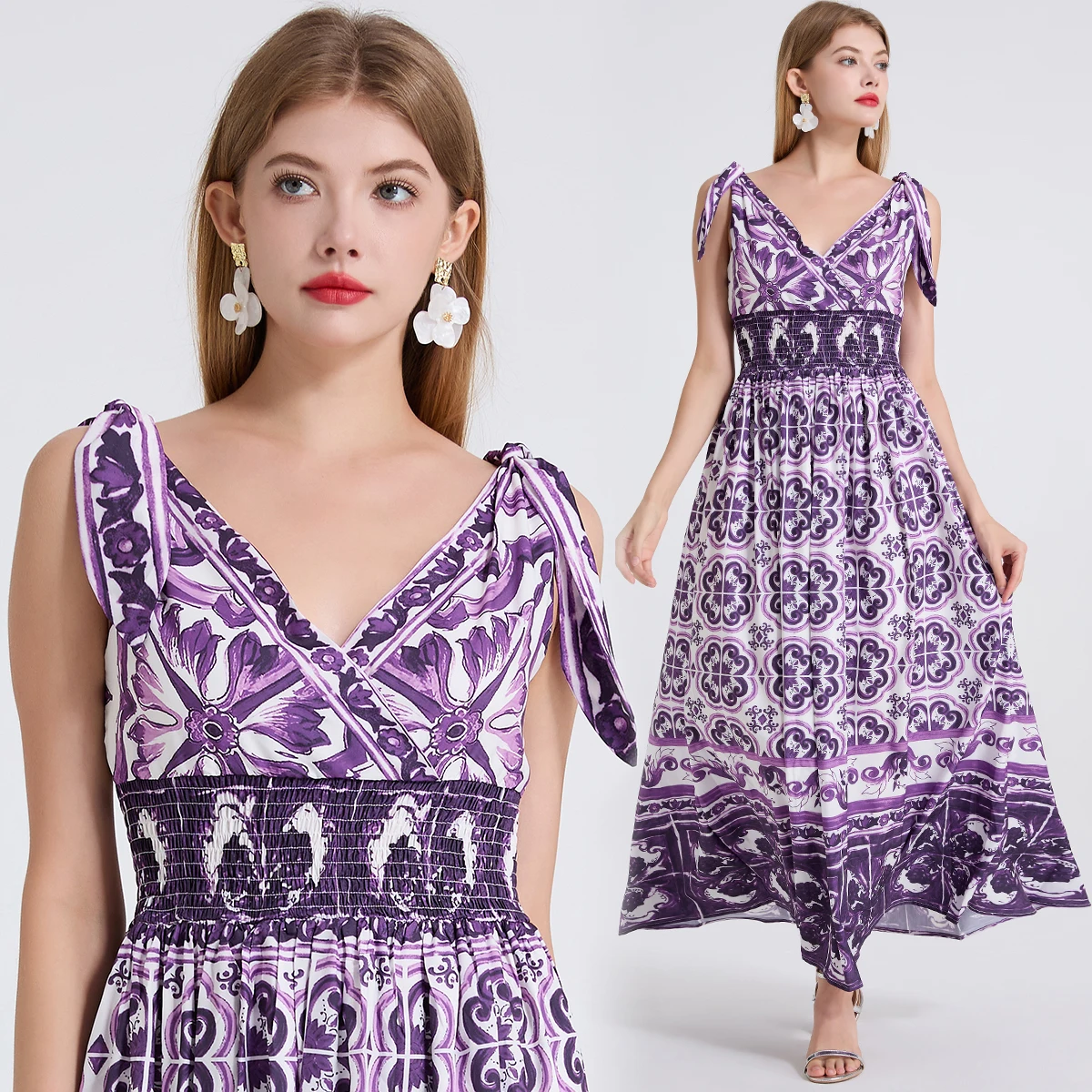 Fashion Runway Summer Floral Maxi Dress Women Straps Bow Purple Blue White Porcelain Print Elastic Waist Holiday Beach Dresses