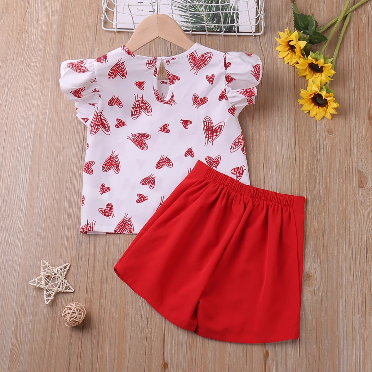 Humor Bear Girls Clothes Set Summer Flying-Sleeve Heart Printed T-Shirt + Shorts 2pcs Casual Children Clothes