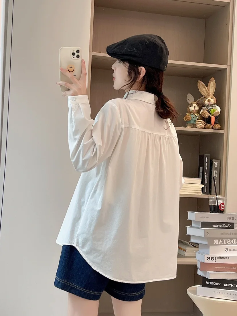 New Autumn Cotton Embroidery Shirts Women Lapel Collar Tops Girl Long Sleeve Striped Loose Blouses Versatile Spring T39718QC