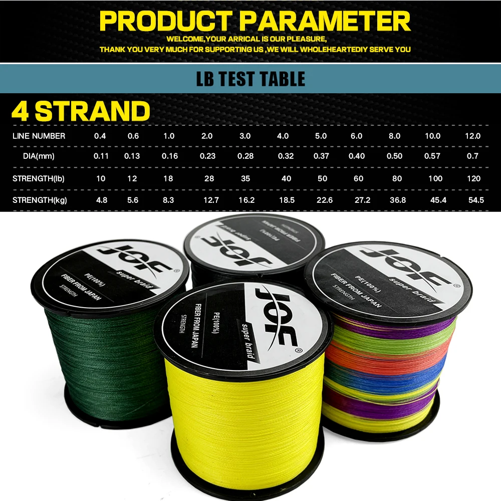 JOF PE Braided 4 Strand Fishing Line 100M Durable Multifilament 0.11-0.50mm Raw Silk Sea Fishing River/Wild Carp 10-80 Lbs Beach
