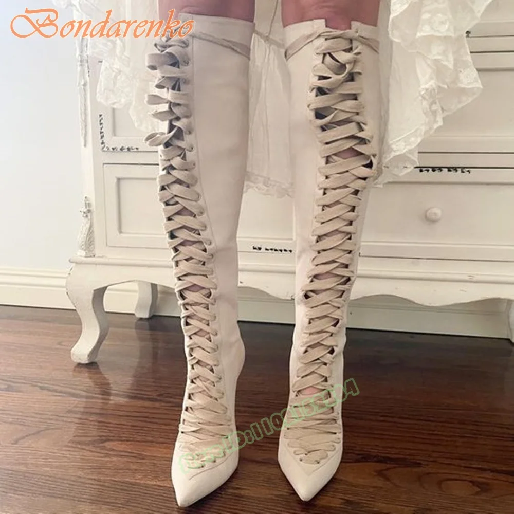 Cross Tied Lace Up Boots Pointy Toe Solid Fitted Stiletto Heels Knee High Boots Women New Style Shoes Autumn Party Casual Shoes