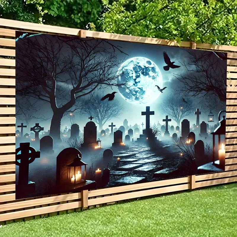 Gotische Atmosphäre Ghost Cemetery Moonlight Hintergrundstoff – Polyester, Polyesterstoffhintergrund für Halloween-Dekoration