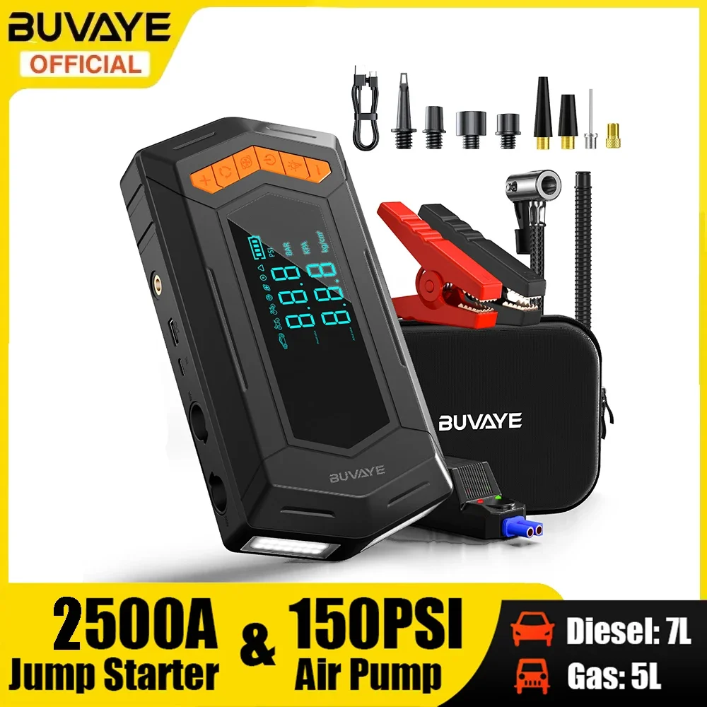 BUVAYE 5 In 1 Jump Starter Air Compressor with Power Bank Portable 2000A Battery Booster 150PSI Electric Air Pump Tire Inflator