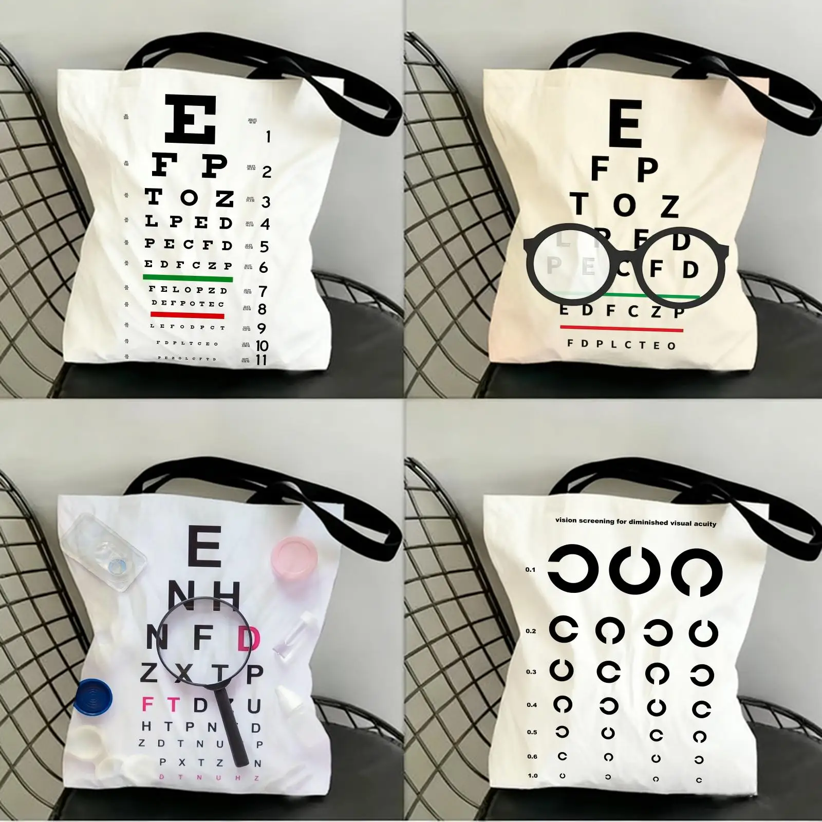 Medical Eye Vision Chart Storage Bags Canvas Double-Sided Print Fashion Shoulder Tote Shopping Bag Gift Eco Handbags