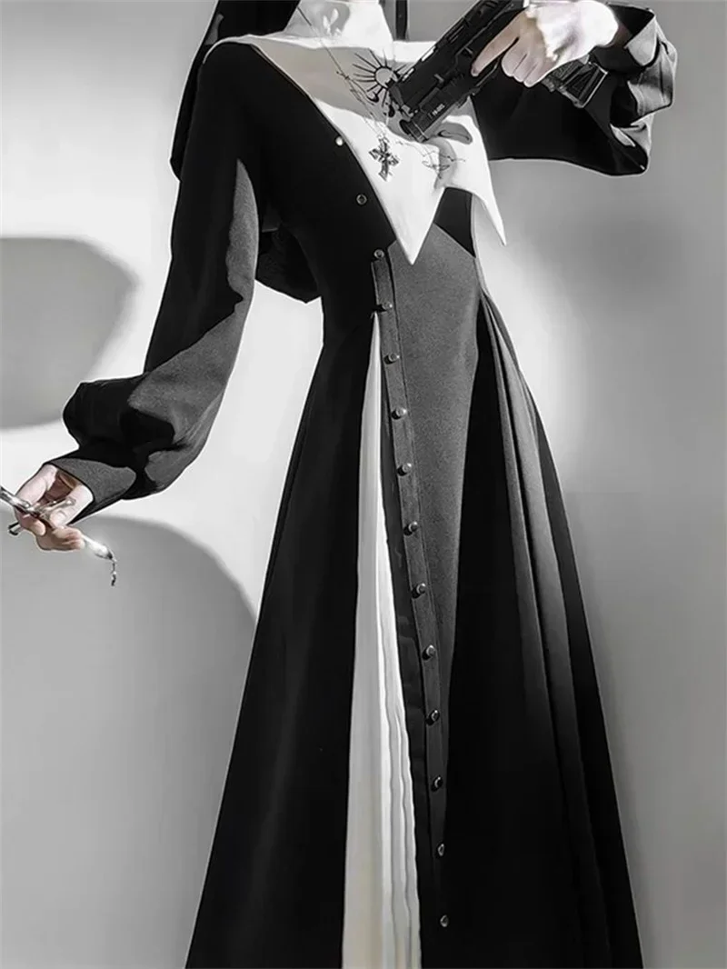 

2025 NEW Halloween Costume Cosplay Set Long Sleeved Nun Dress Black and White Nun Lolita Dark Gothic Dress 2025 Hot Sale