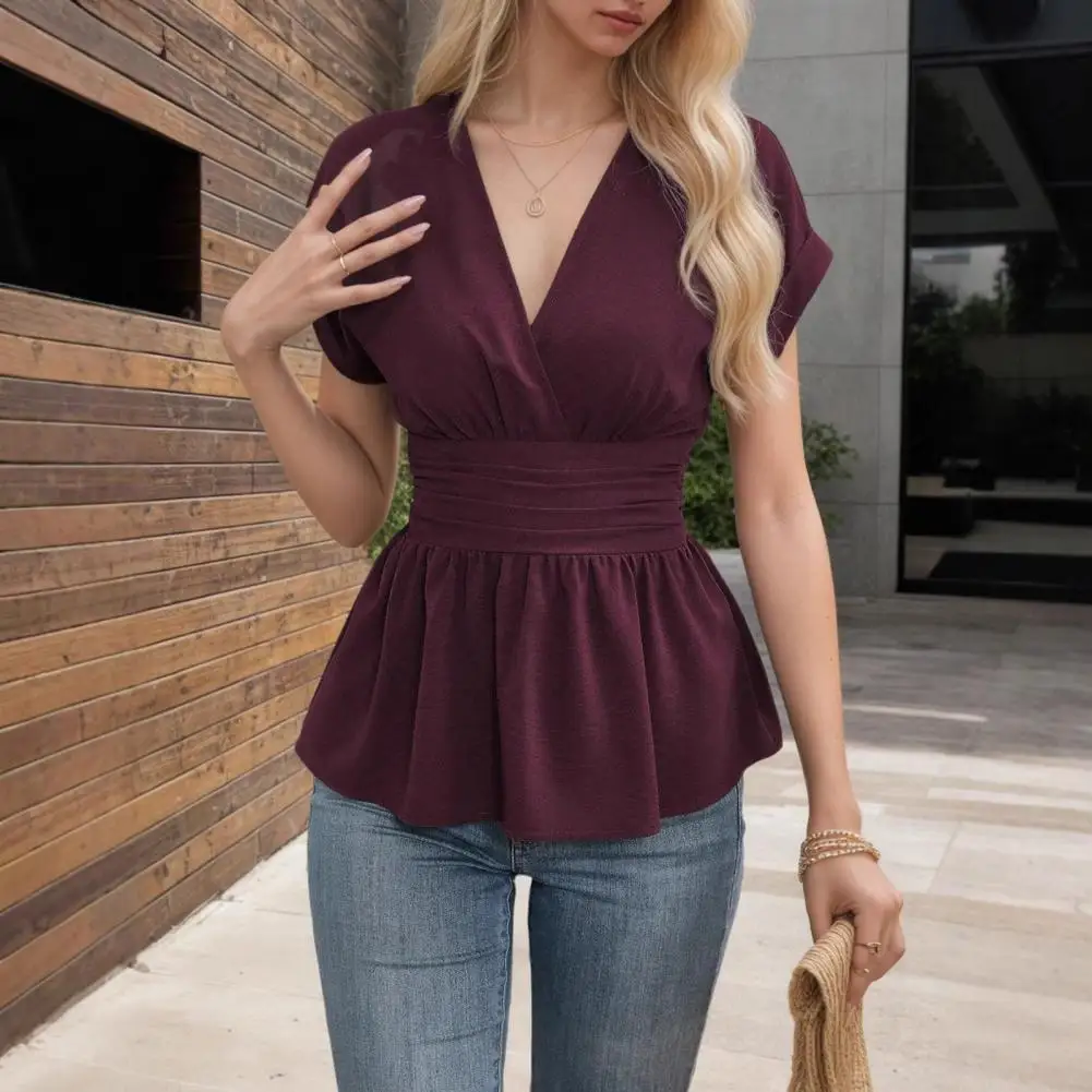 

Women's Fashion V-Neck Tops - Stretchy Waist-Hugging Short Sleeve Shirt with Pleated Hem, Casual Solid Color Daily Wear Blouse