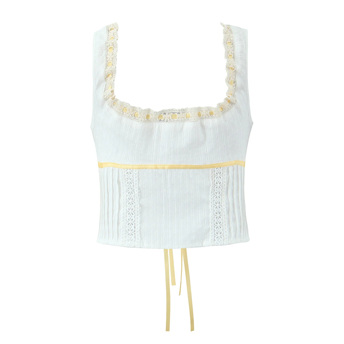 2025 White Spliced Lace Yellow Ribbon Bow Corset Tank Top + Sexy Women Elastic Waist A-line Midi Long Cake Skirt 2 Pieces 1 Set