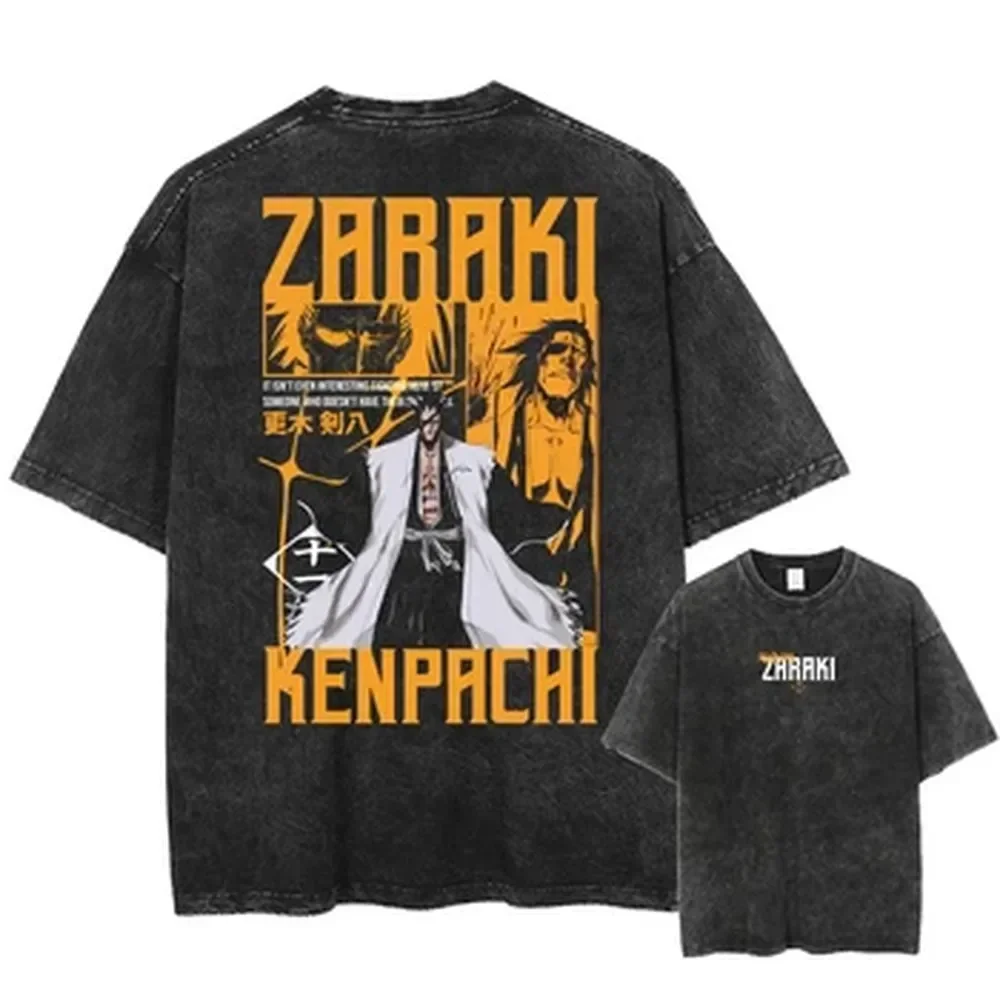 BLEACH Manga Graphic T Shirt Zaraki Kenpachi Print T-shirt Vintage Washed Streetwear Men Women Clothes Pure Cotton Loose Tees