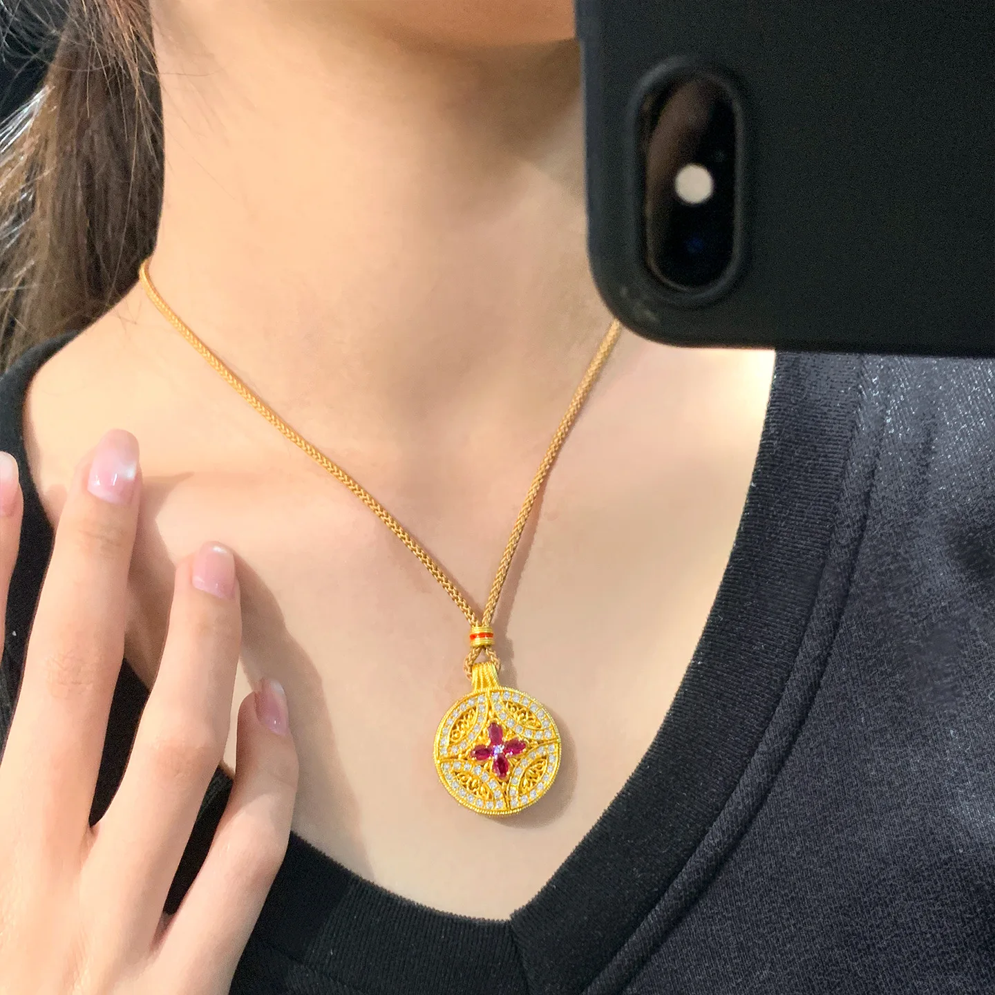 

Rose Red Zircon Copper Coin Pendant Women's 24K Gold AU999 - Shiny rose red zircon for fortune, pure 24K gold, for daily wearing