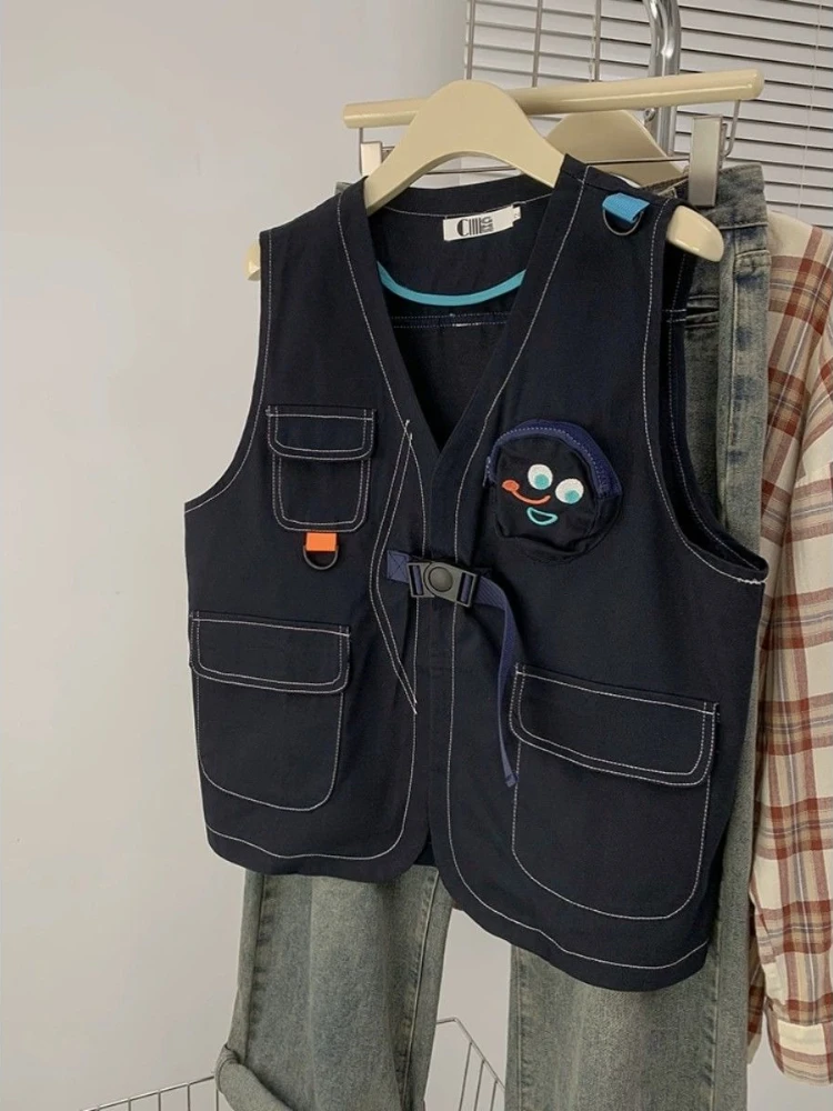 

Женский винтажный жилет-карго с застежкой-молнией и круглыми карманами, повседневный жилет с открытым передом и v-образным вырезом, милый принт, весенне-осенняя верхняя одежда, жилет