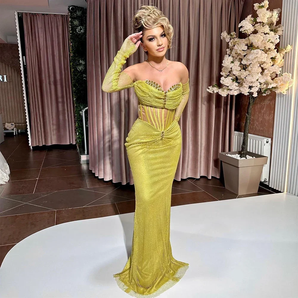 Customized Evening Dress Off The Shoulder Long Sleeves Sparkle Crystal Women's Evening Gowns Long Sweetheart Luxurious Prom Gown