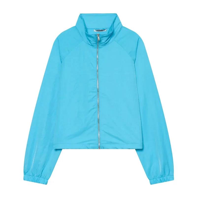 Damen-Cropped-Jacke mit durchgehendem Reißverschluss, Stehkragen, Raglanärmeln, elastischen Bündchen, aus technischem Stoff, leicht, windabweisend, Freizeitjacke – Detail 7
