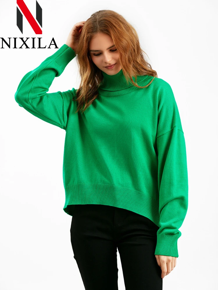 

Новинка, женские пуловеры с высоким воротом, свободный вязаный женский свитер, элегантные модные топы с длинными рукавами, свободная винтажная женская блузка, одежда
