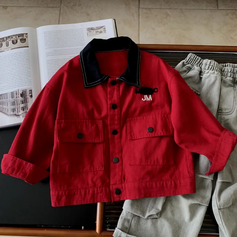 

Boys Jacket Coats 2025 Autumn Winter Korean Style Handsome Fashion Patchwork Embroidery Red Trench Coat Outwears