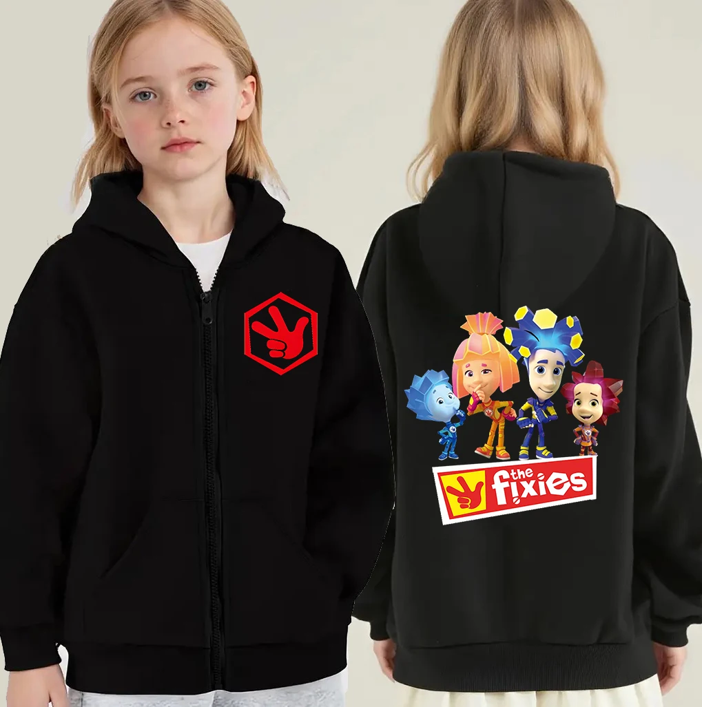 Toddler Girl Clothes The Fixies Graphic Zipper Hoodie Boys Fashion Casual Sweatshirts New Kids Fun Cartoon Zip UP Hooded Tops