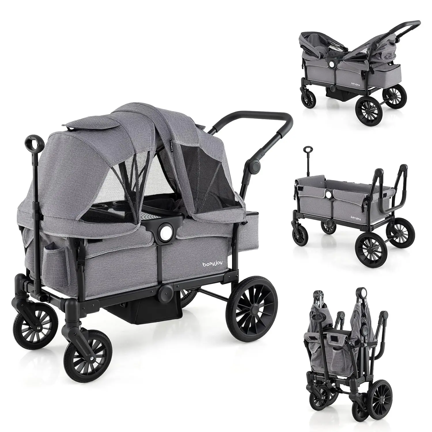 Wagon Stroller for 2 Kids, Collapsible Push Pull Double Stroller Wagon with Adjustable Handle Bar, Removable Canopy