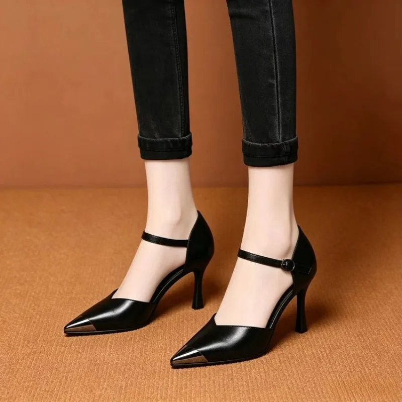 Sexy Pointed Toe Shallow High Heels New One-line Strap Hollow Stipple Heel Baotou Sandals Women's  Shoes