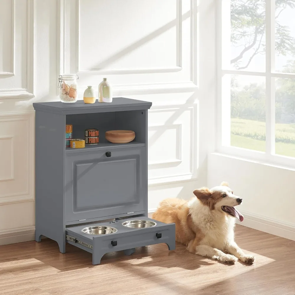 Modern Dog Feeder Station Furniture with 2 Raised Dog Bowls, Pet Food Storage Container, Pull Out Pet Food Cabinet