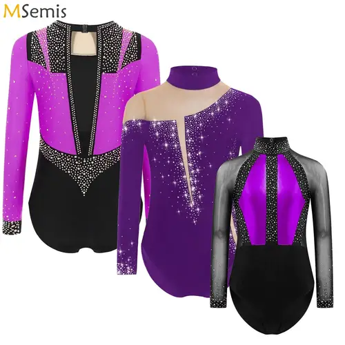 Leotardo de gimnasia para niña, mono de gimnasia de malla de manga larga para niños, mono de patinaje artístico, Leotardos de baile de Ballet de manga corta