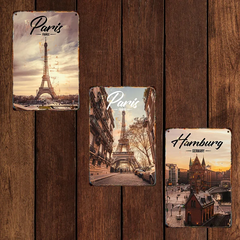 Vintage Travel Cities Metal Sign Paris London Rome Sydney Landscape Iron Painting Retro Poster Living Room Home Wall Art Decor