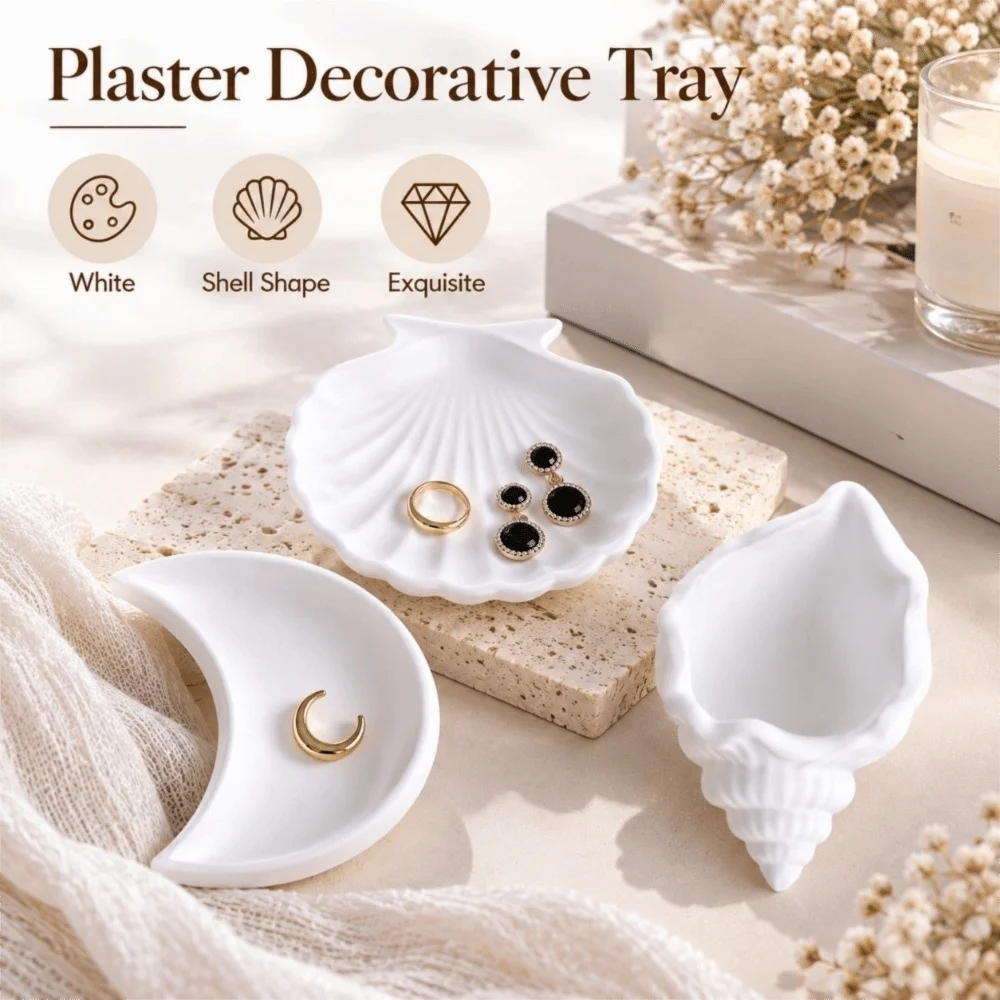 White Plaster Decorative Tray Shell Shape Conch Shape Jewelry Dish Moon Shape Boho Jewelry Storage Trays Jewelry Storage
