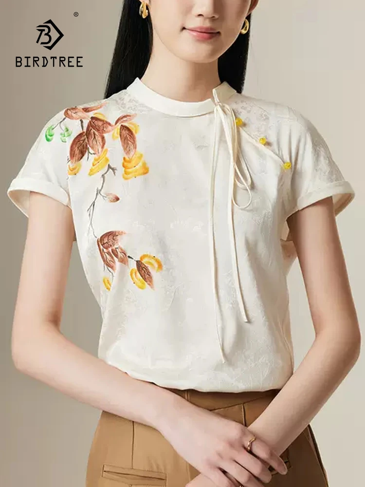 

BirdTree, 19MM 94.1%Mulberry Silk Elegant T Shirt, Women Short Sleeve Floral, Retro Versatile Tops, 2024 Summer Autumn T47261QC