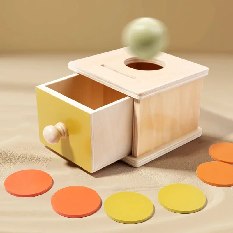 Montessori Infant Wooden Color Spinning Coin Box Macaron Design round & Rectangular Permanent Baby Educational Toys