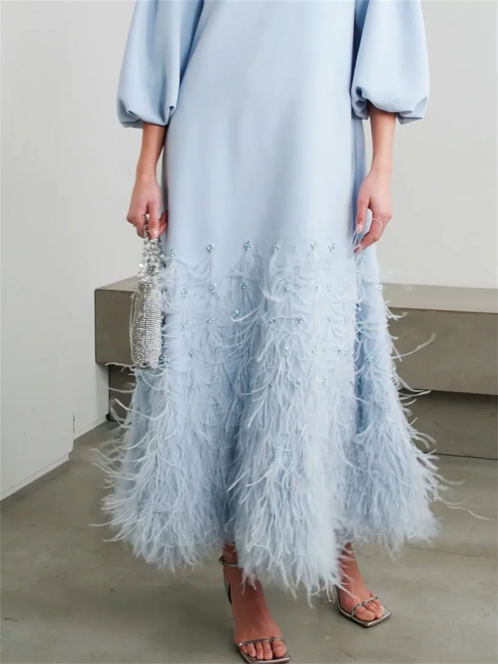 Bella Sky Blue O-คอยาวแขนยาว Feathers พรหมชุดข้อเท้า-ความยาว FBساتة เจียมเนื้อเจียมตัว A-Line vestidos de fiesta 2024