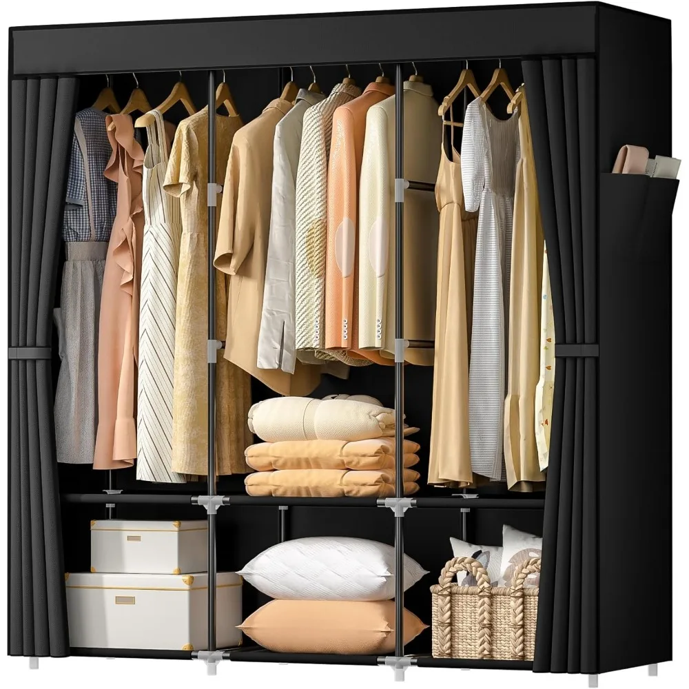 

Portable Closets for Hanging Clothes,Free Standing Clothes Rack with Cover & 3 Hanging rods & 6 Storage Shelves & 2 Side Pockets