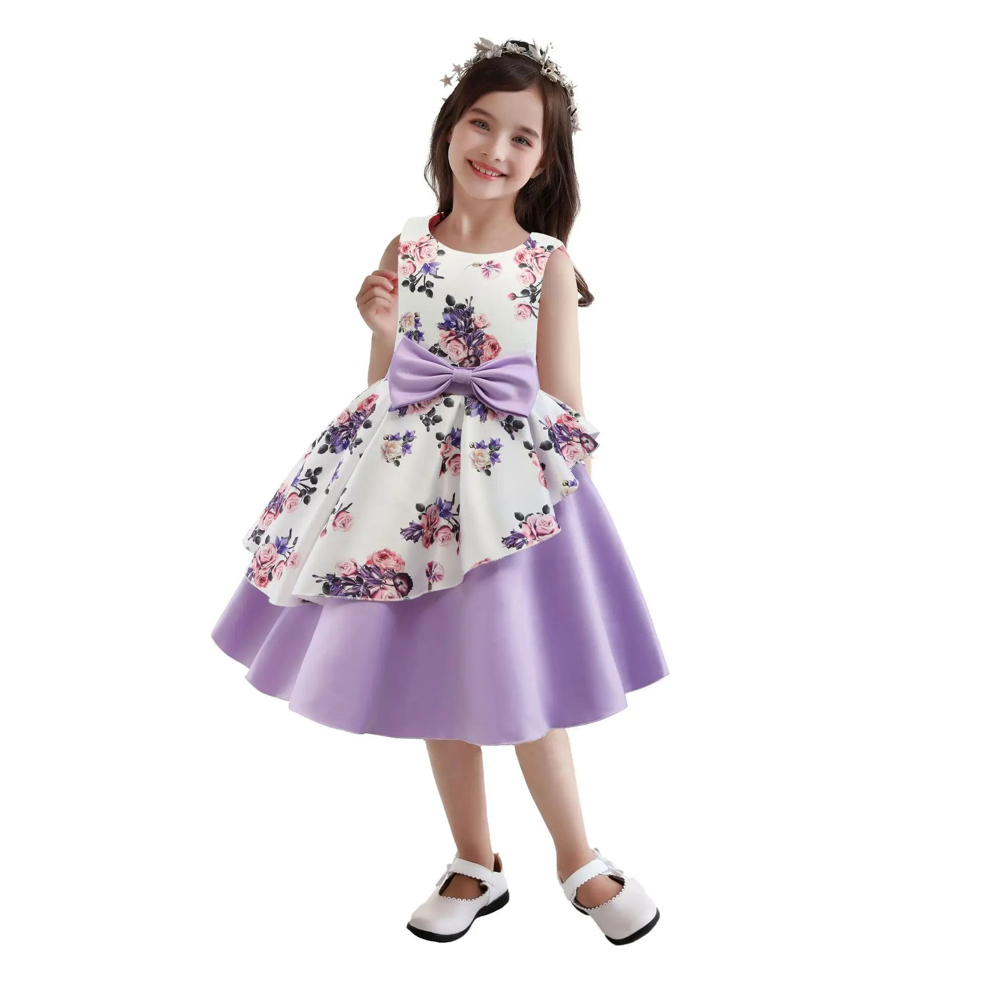 Flower Bow Girls Dress, Summer Irregular Hemline Print Princess Dress Christmas Birthday Gift 2 3 4 5 6 8 10 Years Kids Clothes