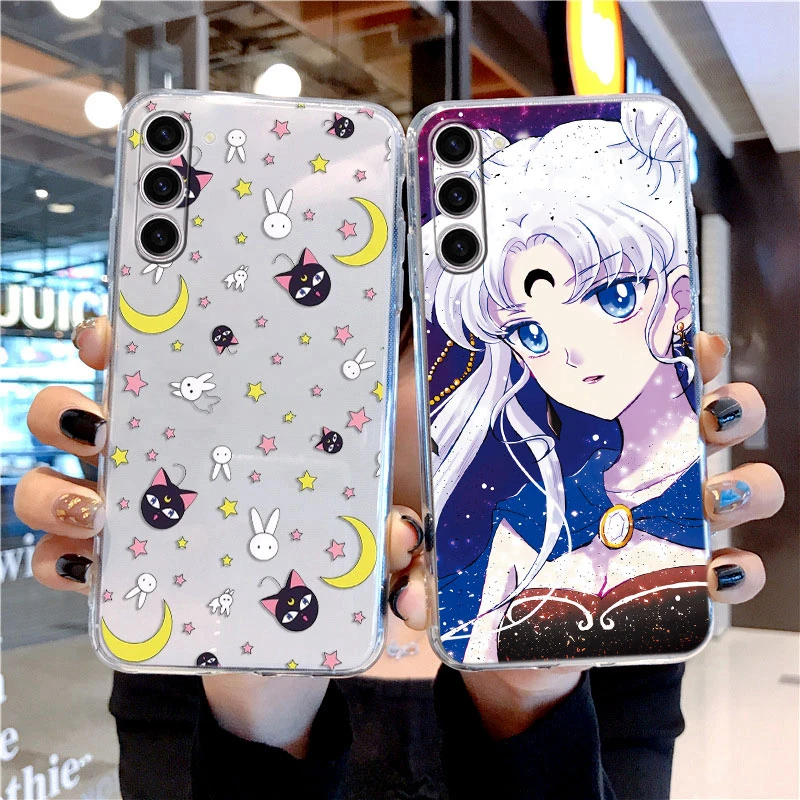 Cartoon Anime Sailors Moons Rabbit Girls Cat Phone Case for Samsung Galaxy S23+ S 23 Plus S23 FE S24 S24+ Clear Soft Shell Cover