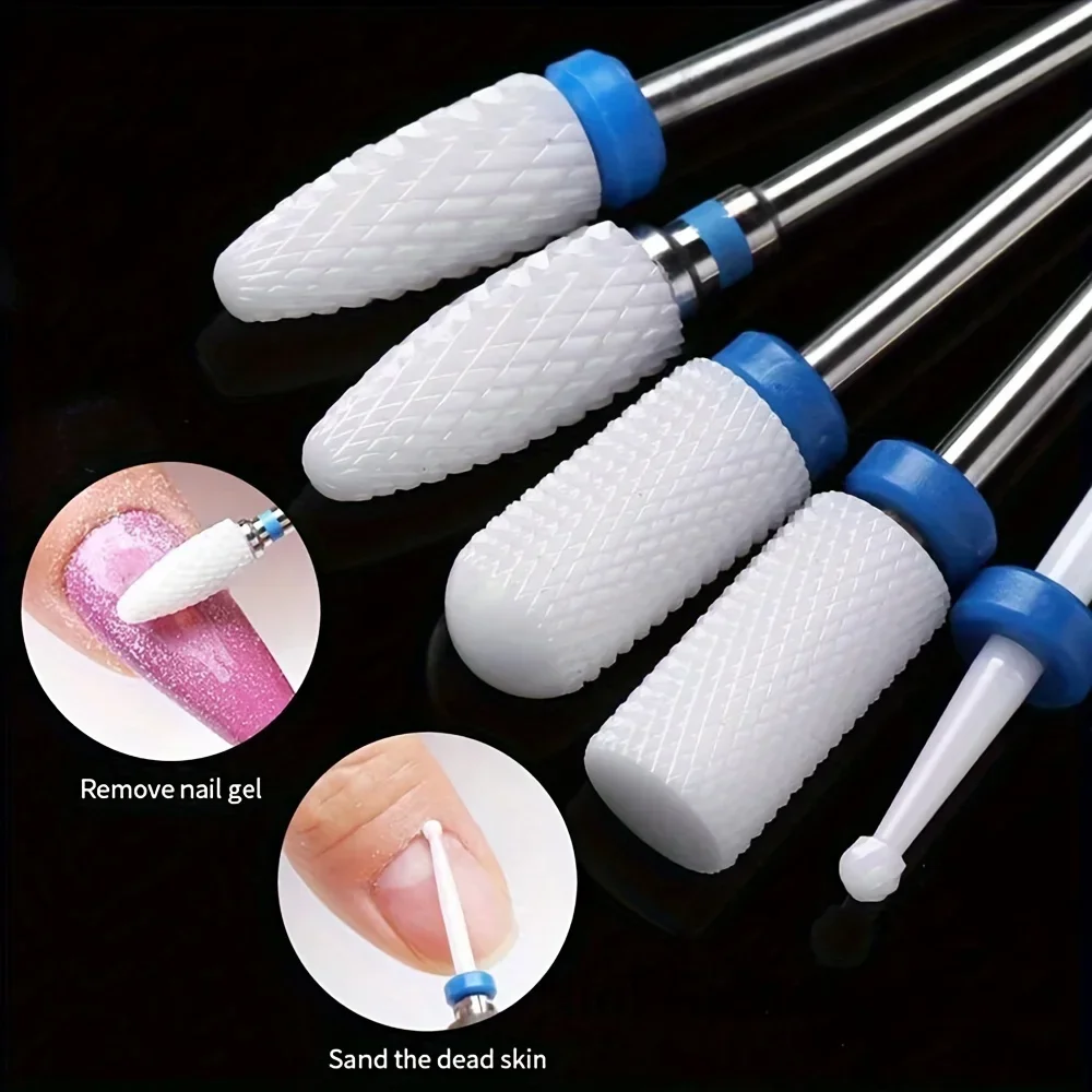 Conjunto de 5 Brocas de Cerâmica para Unhas, Fresas para Manicure Elétrica, Brocas em Formato de Chama e Milho, Acessórios para Máquina de Pedicure e Polimento