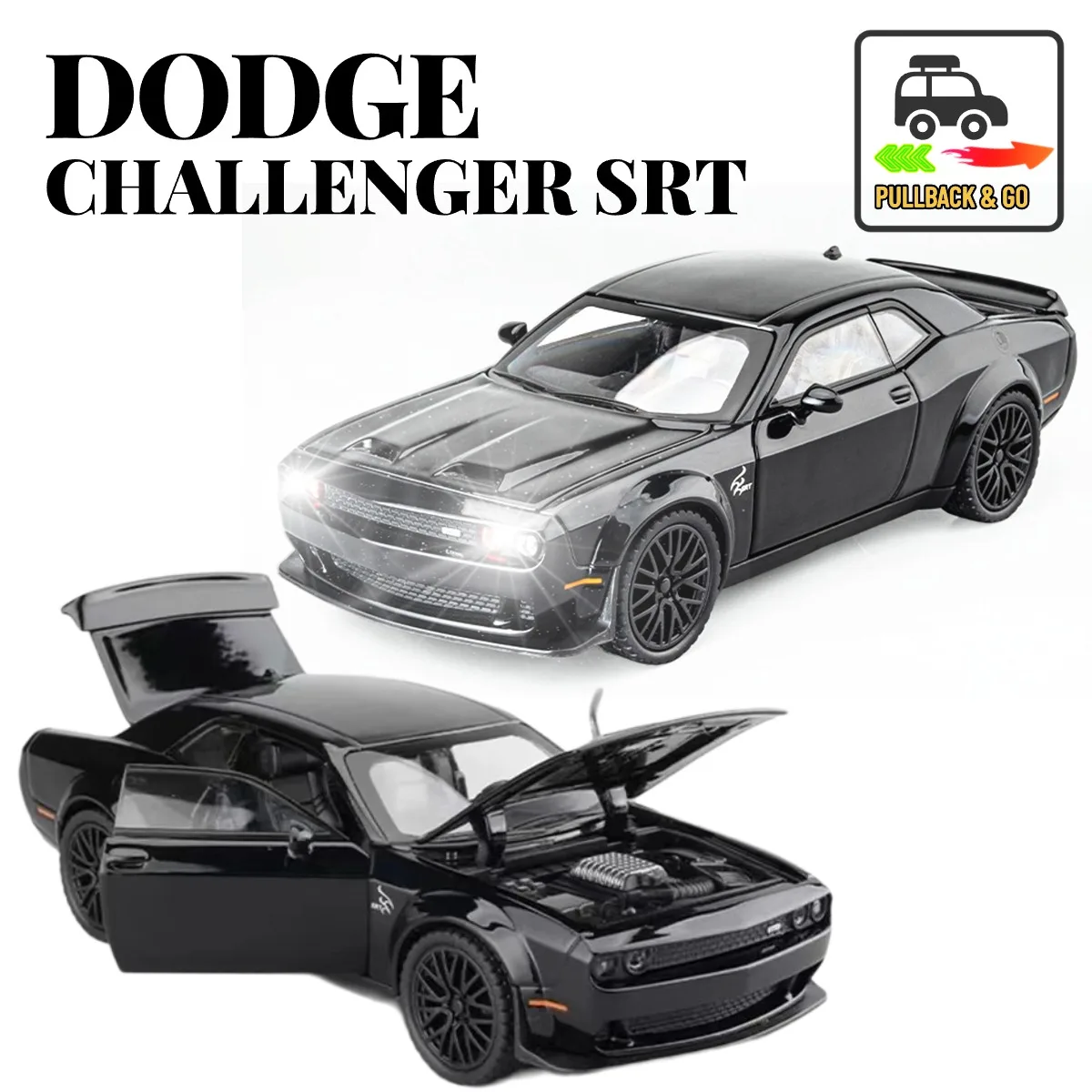 

Scale 1:32 Dodge Challenger Pullback Car Toy with Lights Engine Sound, Metal Diecast Car Model Miniature Gift Kid Boy Toy