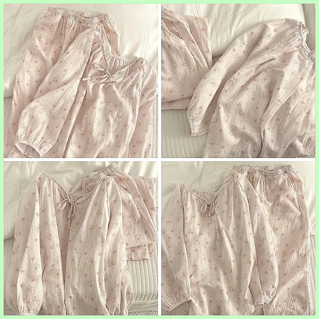 

Женский милый весенний пижамный комплект: топ с длинным рукавом и брюки, 2 предмета, для сна и дома