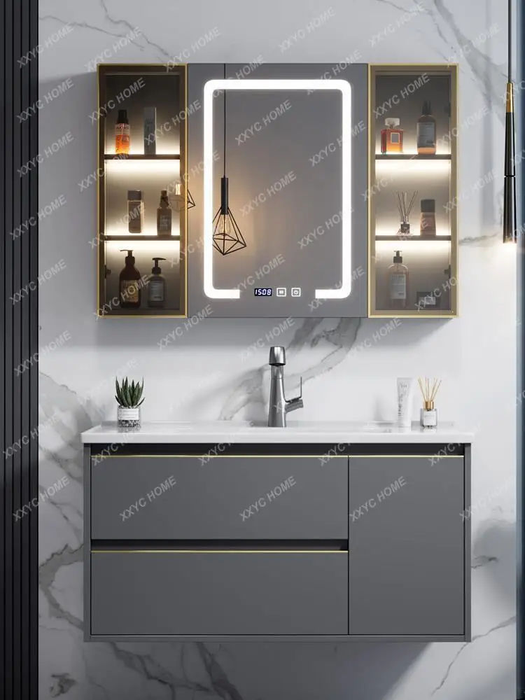 Rubber Wood Light Luxury Bathroom Cabinet Combination Whole Washbin Ceramic Smart Mirror Sink Bathroom Table