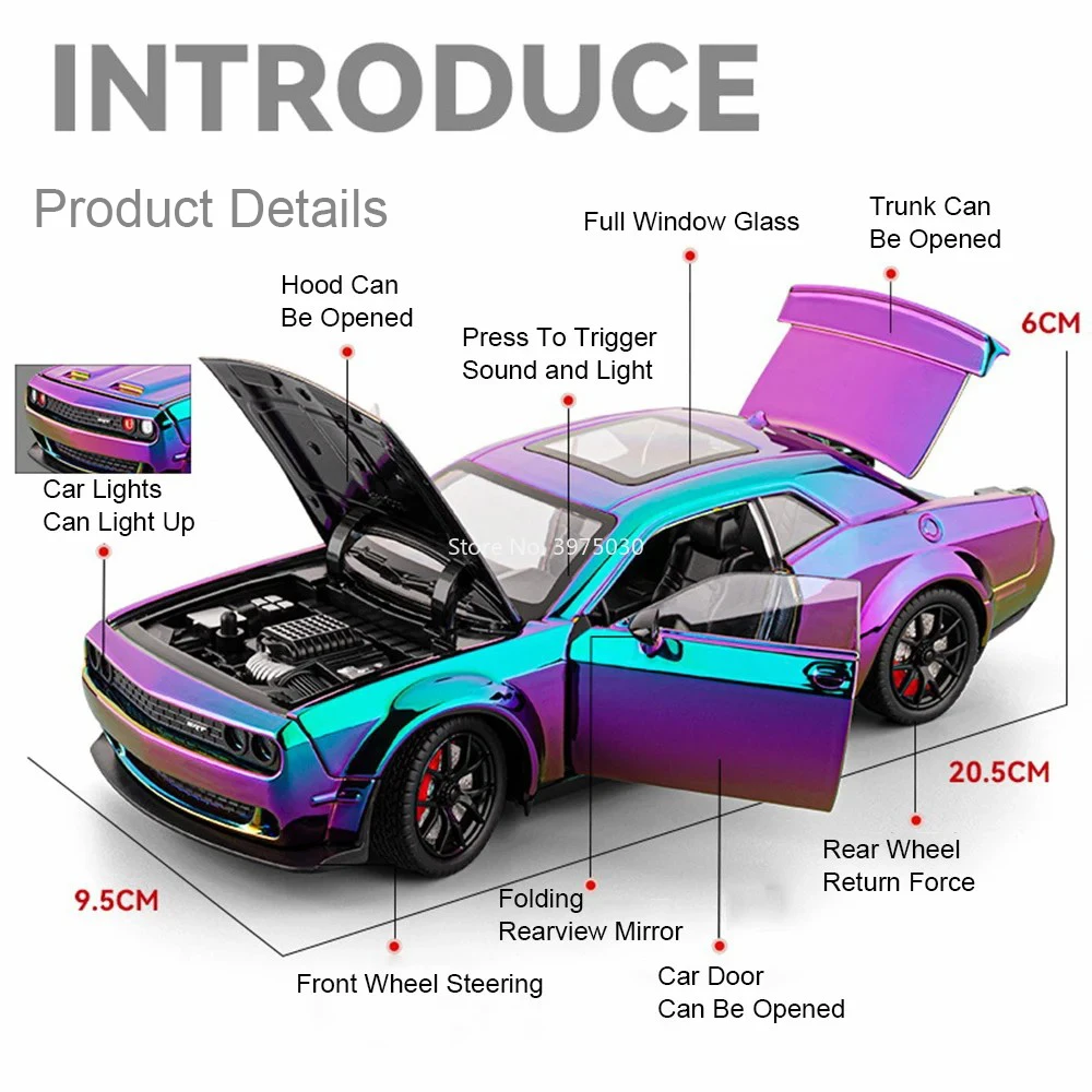 1:24 Challenger SRT Hellcat modelos de coches de juguete aleación Diecast 4 puertas abierta vehículo en miniatura rueda tirar hacia atrás coche para niños regalos