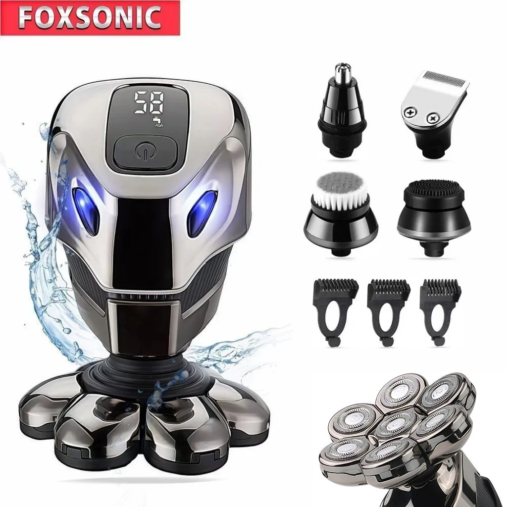 FOXSONIC-maquinilla de afeitar eléctrica para hombre, recortadora de cabeza seca y húmeda, con cabezal 7D, resistente al agua, con pantalla LED
