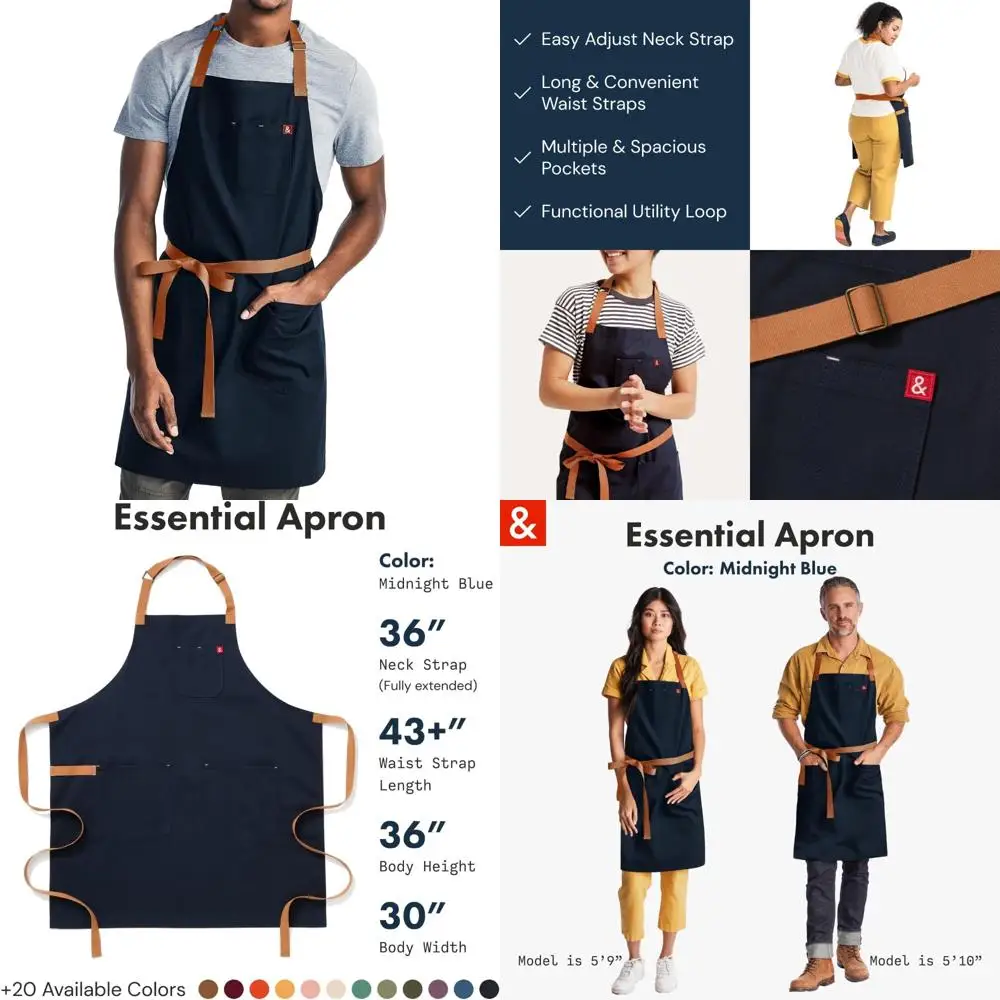 

Adjustable Chef Bib Apron with 3 Pockets, Towel Loop, 12oz Cotton Canvas, Midnight Blue for Essential Kitchen Wear