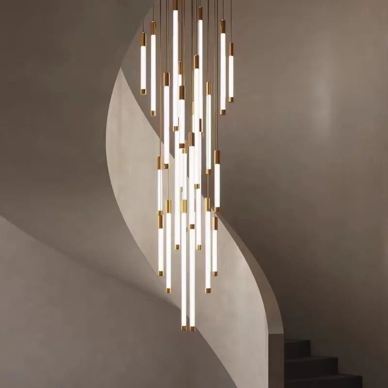 

Modern LED Chandelier For Staircase Luxury New Design Indoor Lustre Living Room Lobby Gold Hanging Lamp Long Foyer Light Fixture