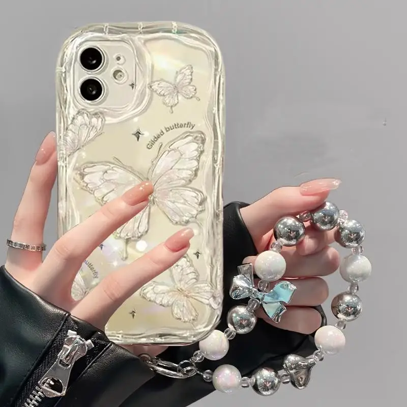Laser Pearl Chain Butterfly Phone Case For IPhone 15 14 13 12 11 Pro Max X XS XR 6 6S 7 8 Plus SE 2 3 Mini Cover Soft Luxury