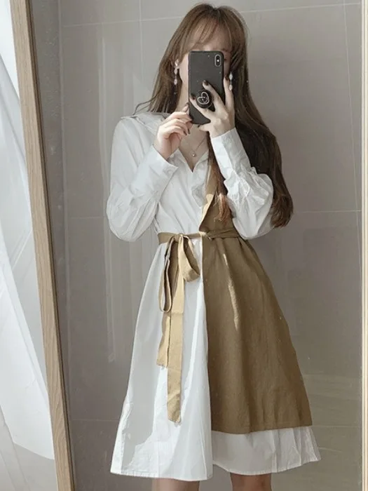 

Elegant Chic Stand Collar Color Block Design Belted Slim Fit Bubble Sleeve Dress Women's Fashionable Casual Workwear Dress