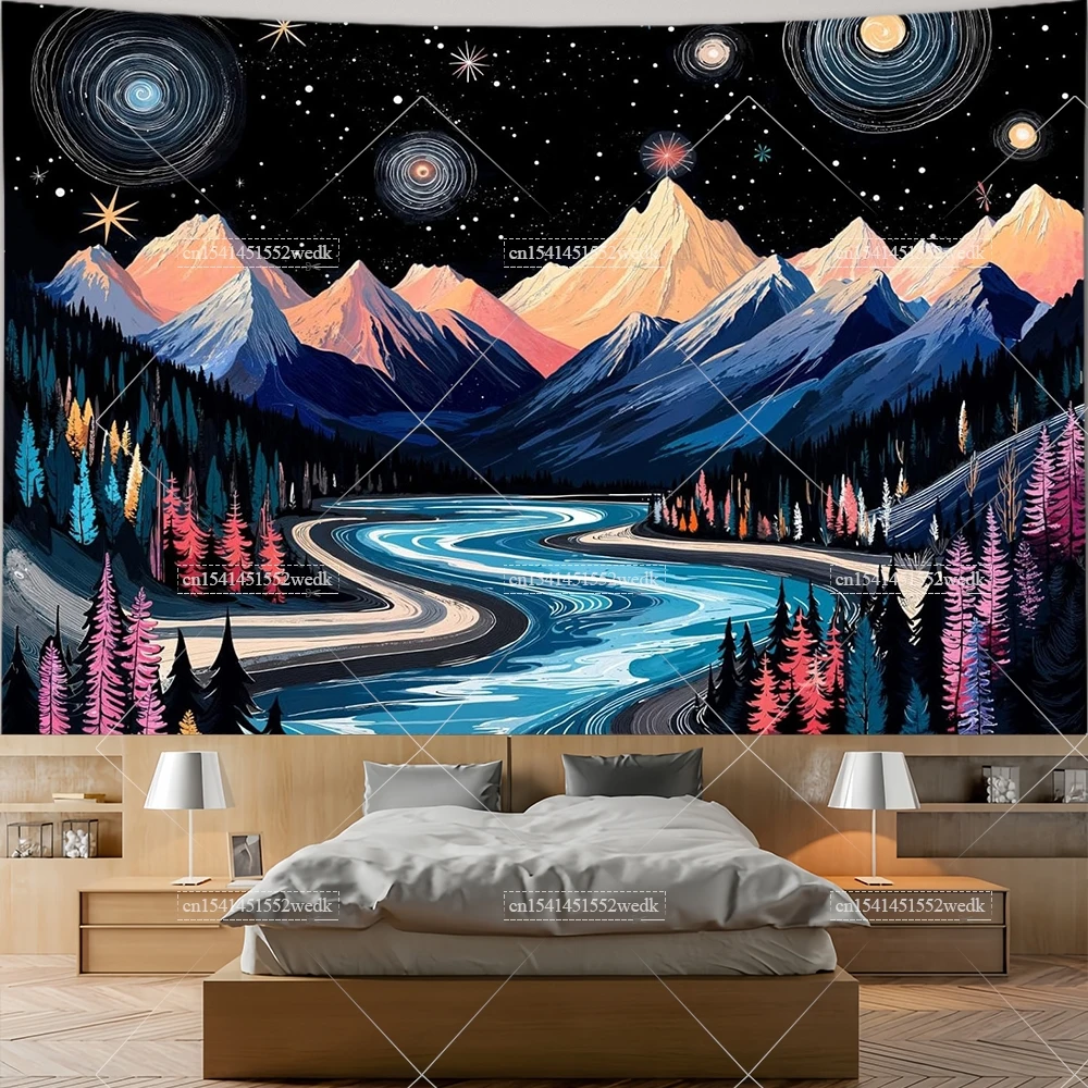 

Mountains Galaxy Tapestry Starry Sky Landscape Tapestrys Room Decor Aesthetic Forest Landscape 3D Murals Backgroud Cloths