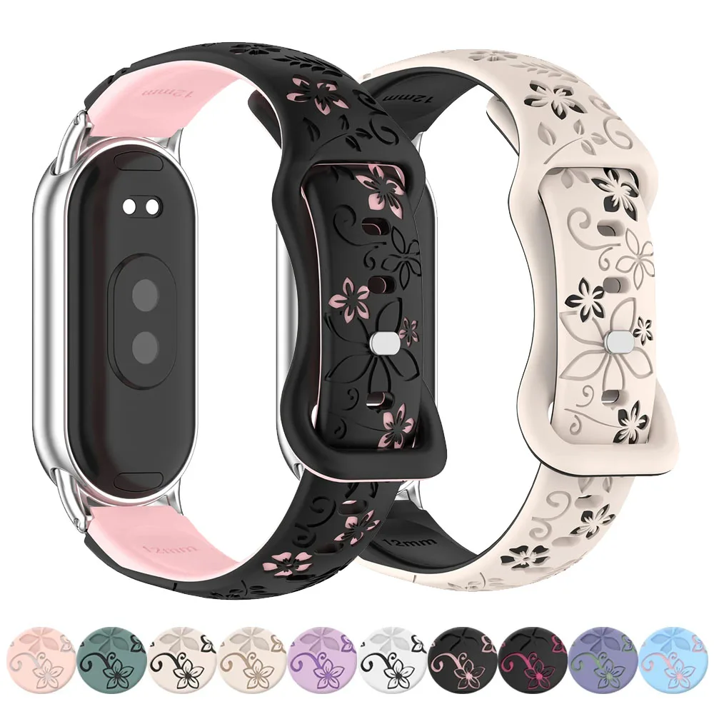 Damen-Armband mit Silikonblume, 3D-Gravur, für Xiaomi Band 9, NFC-Smartwatch, atmungsaktives Armband für Xiaomi Band 8, NFC-Armband