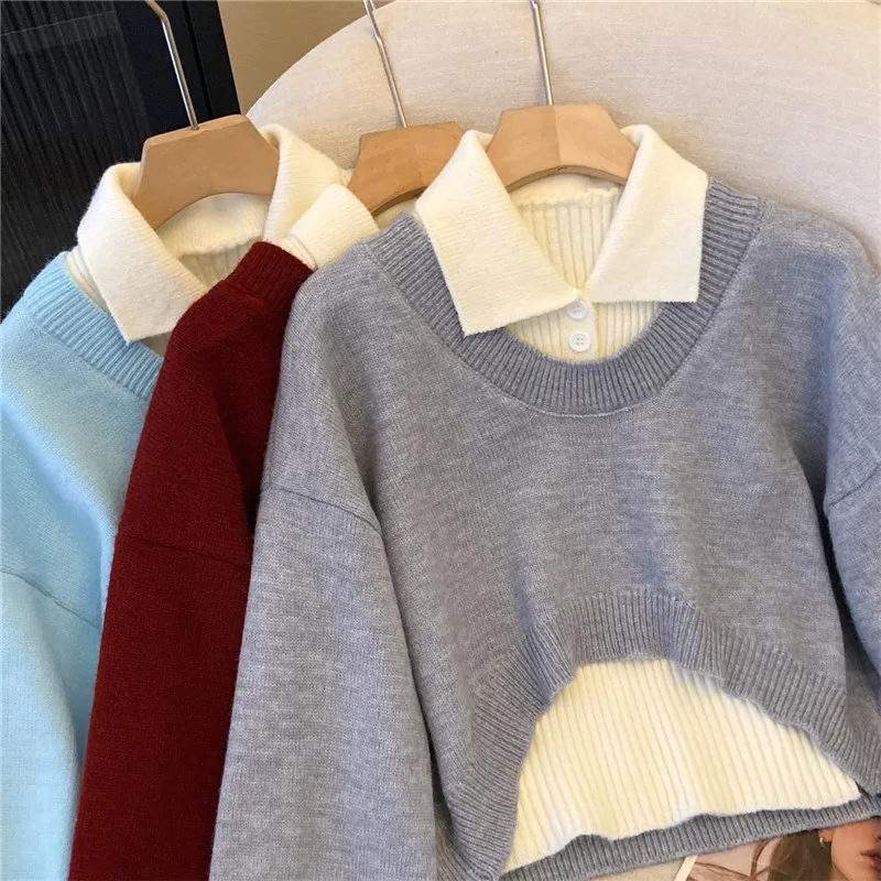 College style women's short POLO neck sweater 2026 autumn winter explosions pullover high waist two-piece Female knitwear top