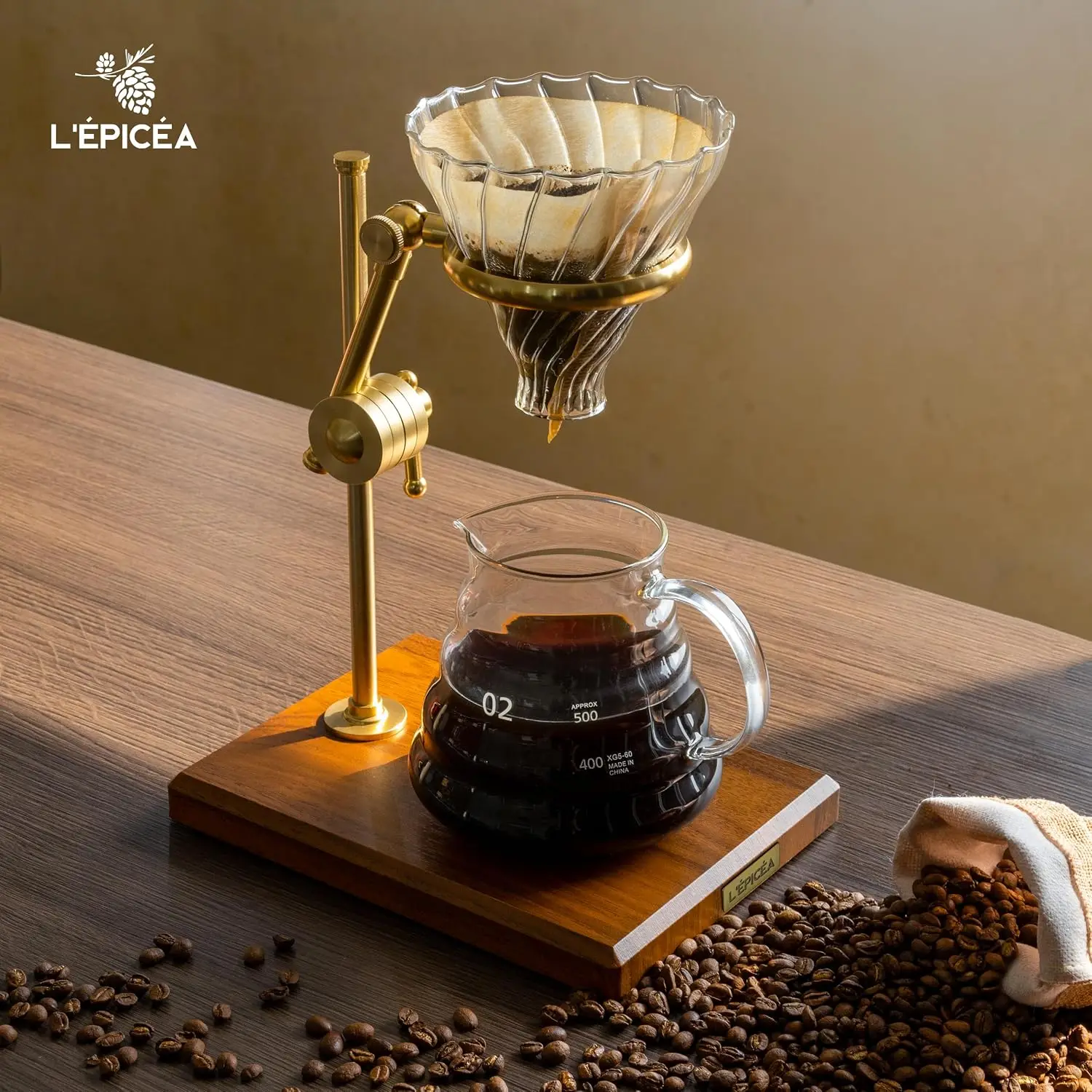 Pour Over Coffee Maker Set, Pour Over Coffee Maker with Stand, Adjustable Stainless Steel Stand, Wooden Base, Paper Filters